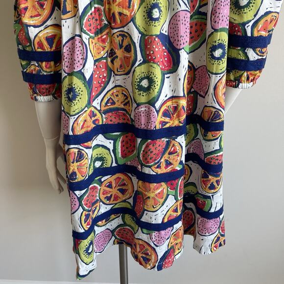 Briton Court Puff Sleeves Tiered Cotton Poplin Dress Fruits Print Sz Large NWT - Picture 11 of 16